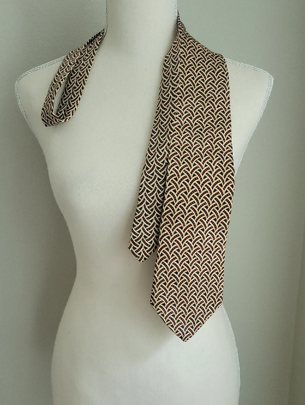 Vintage Raphael Silk Scarf in Cream Red Blue Woven Geometric Design